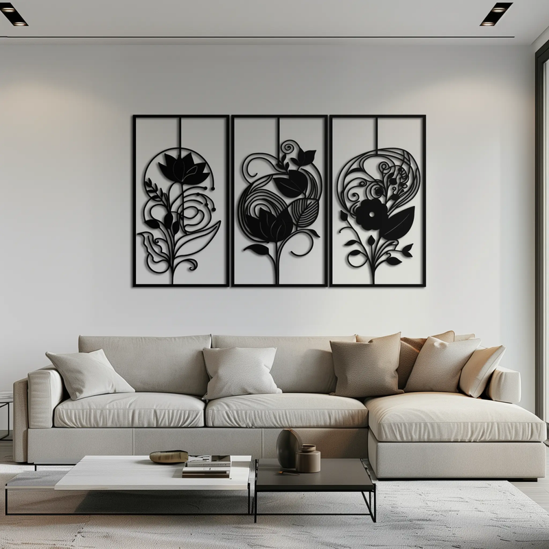 Floral Panel Trio Metal Wall Art - Elegant Black Botanical Wall Decor Set- KAF317 by Enova Art