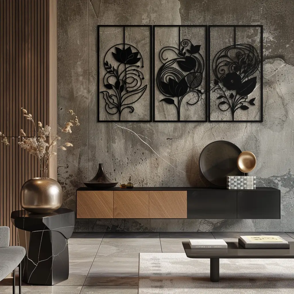 Floral Panel Trio Metal Wall Art - Elegant Black Botanical Wall Decor Set- KAF317 by Enova Art