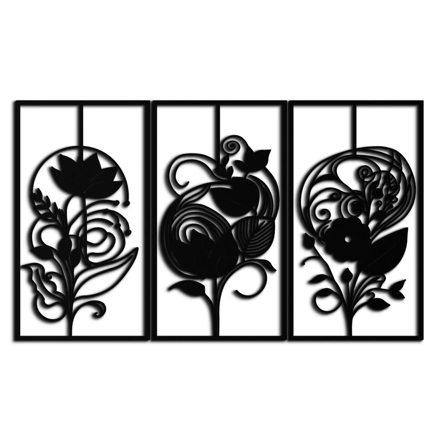 Floral Panel Trio Metal Wall Art - Elegant Black Botanical Wall Decor Set- KAF317 by Enova Art