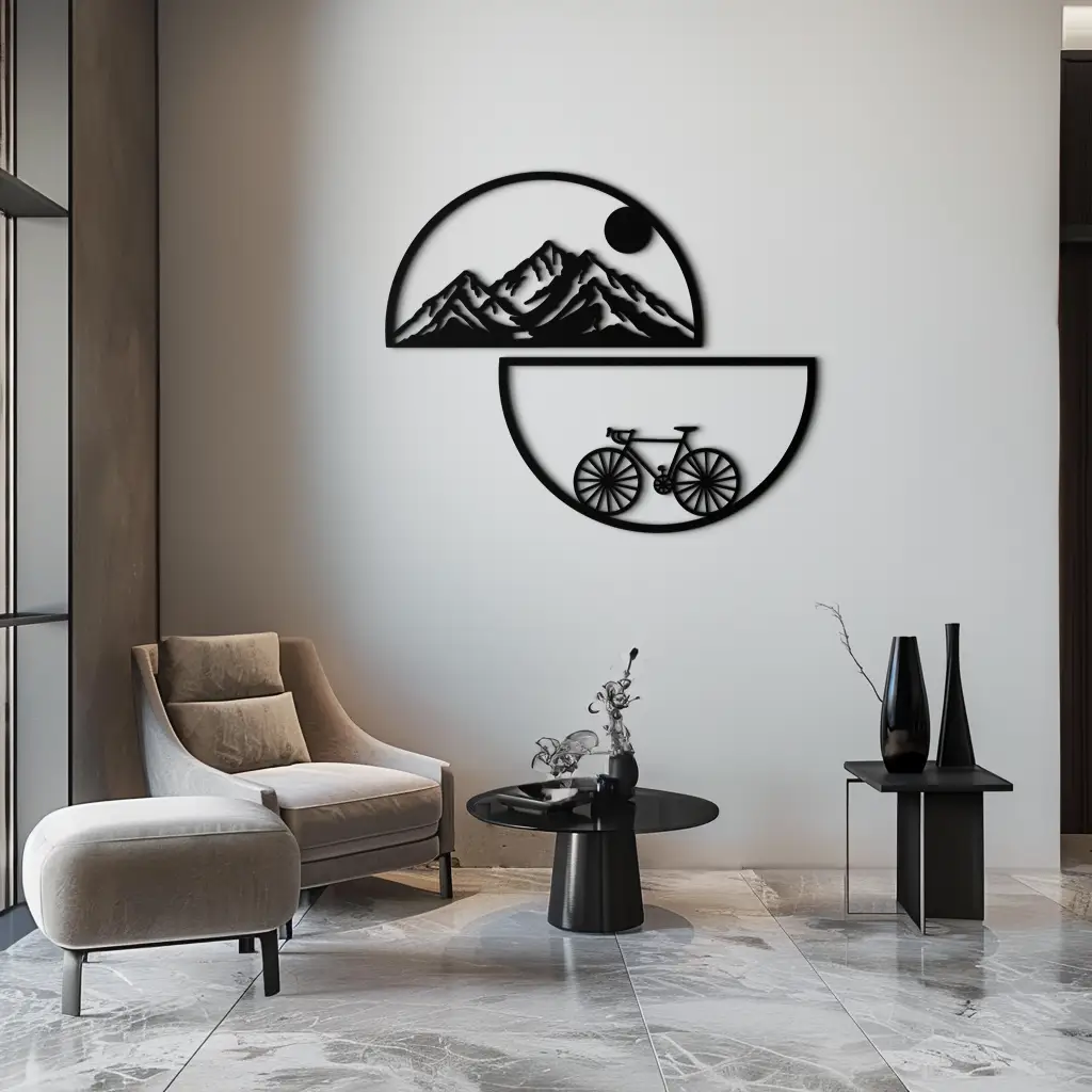Mountain View Metal Wall Art - Half Circle Bicycle and Landscape Silhouette Decor- KAF321 by Enova Art