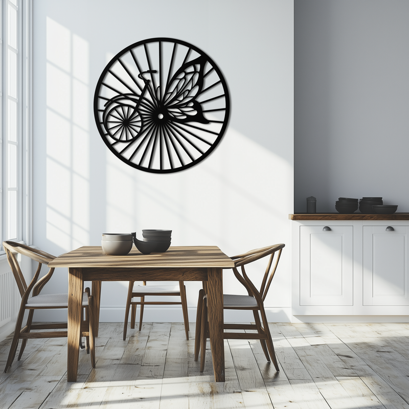 Butterfly Wheel Bicycle Silhouette Metal Wall Art - Elegant Round Nature-Inspired Decor- KAF323 by Enova Art