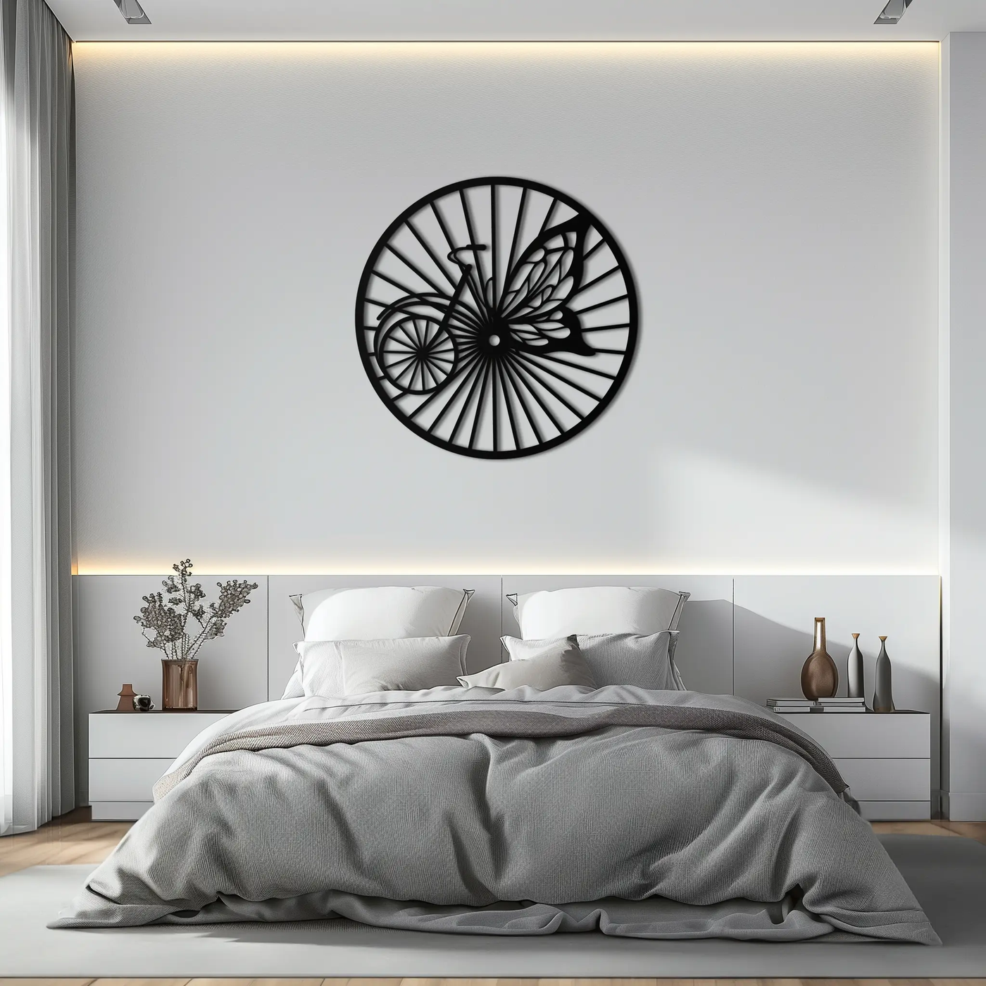 Butterfly Wheel Bicycle Silhouette Metal Wall Art - Elegant Round Nature-Inspired Decor- KAF323 by Enova Art