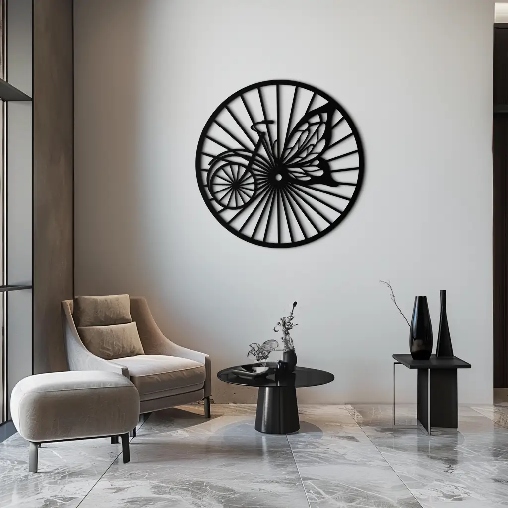 Butterfly Wheel Bicycle Silhouette Metal Wall Art - Elegant Round Nature-Inspired Decor- KAF323 by Enova Art