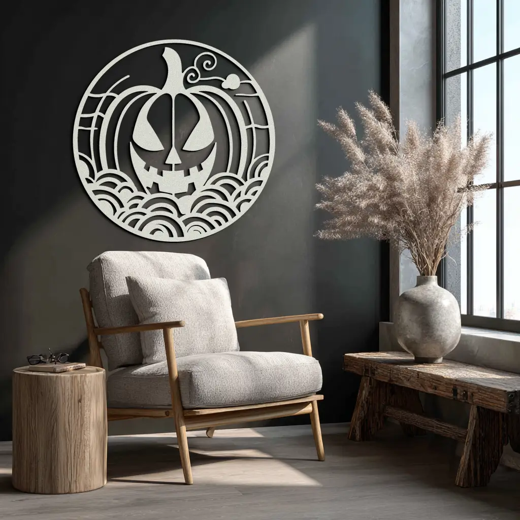 Pumpkin Halloween Silhouette Metal Wall Art – Spooky Round Black Decor- KAF327 by Enova Art