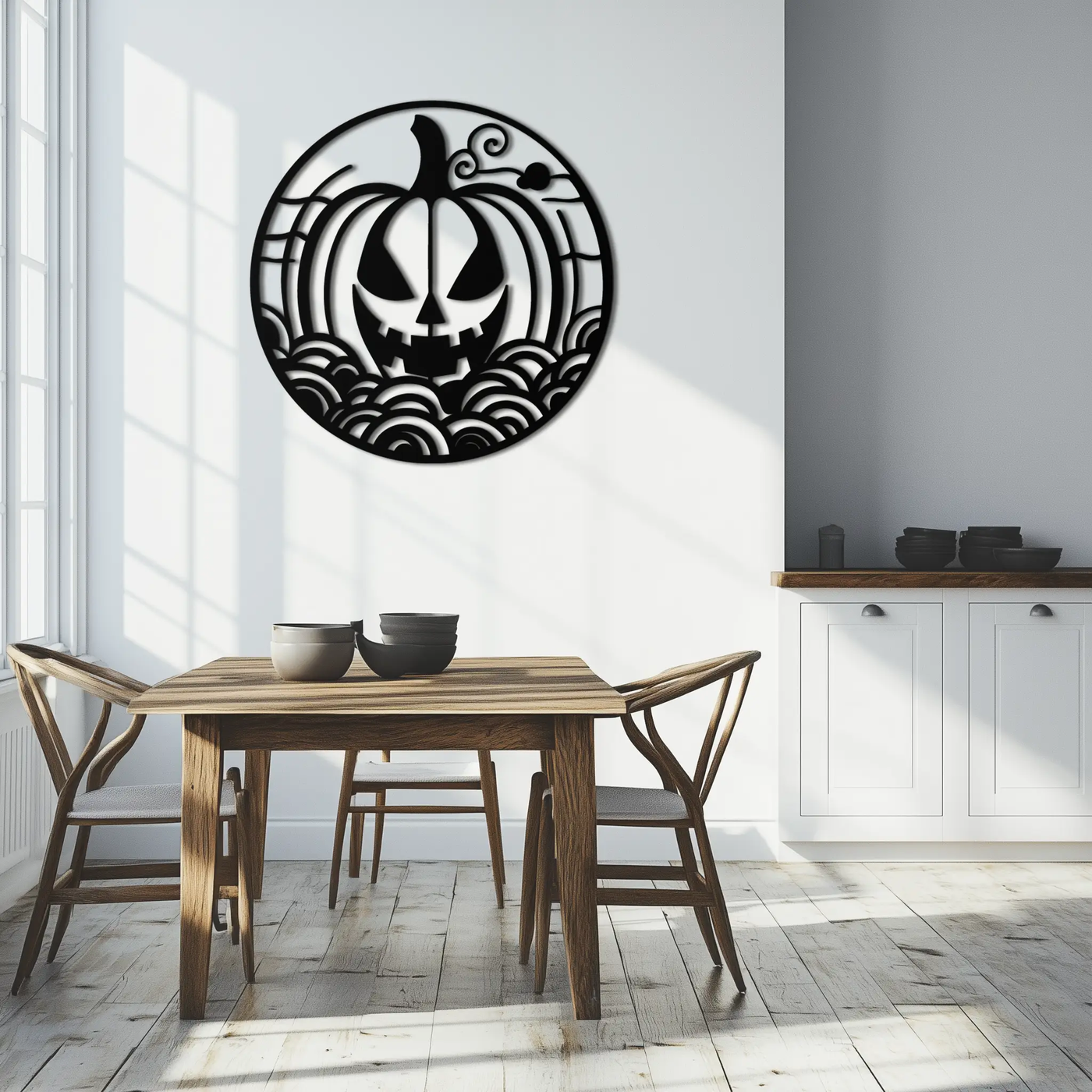 Pumpkin Halloween Silhouette Metal Wall Art – Spooky Round Black Decor- KAF327 by Enova Art