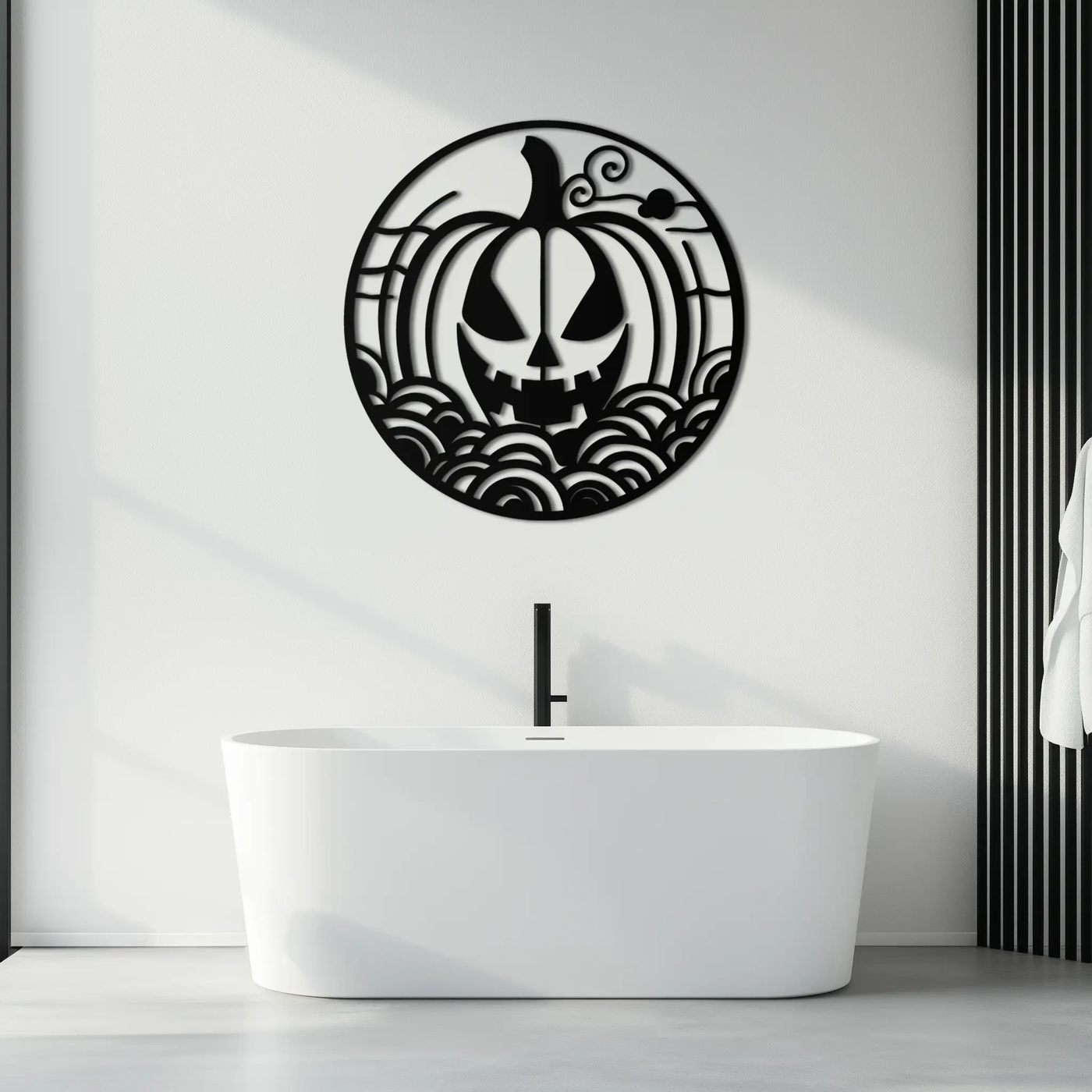 Pumpkin Halloween Silhouette Metal Wall Art – Spooky Round Black Decor- KAF327 by Enova Art