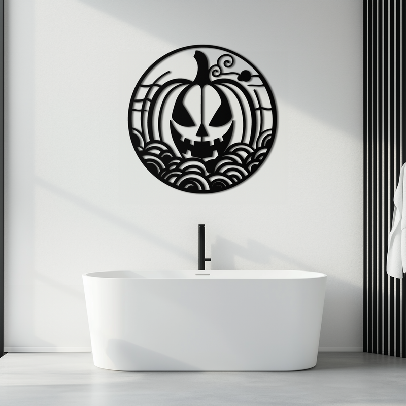 Pumpkin Halloween Silhouette Metal Wall Art – Spooky Round Black Decor- KAF327 by Enova Art