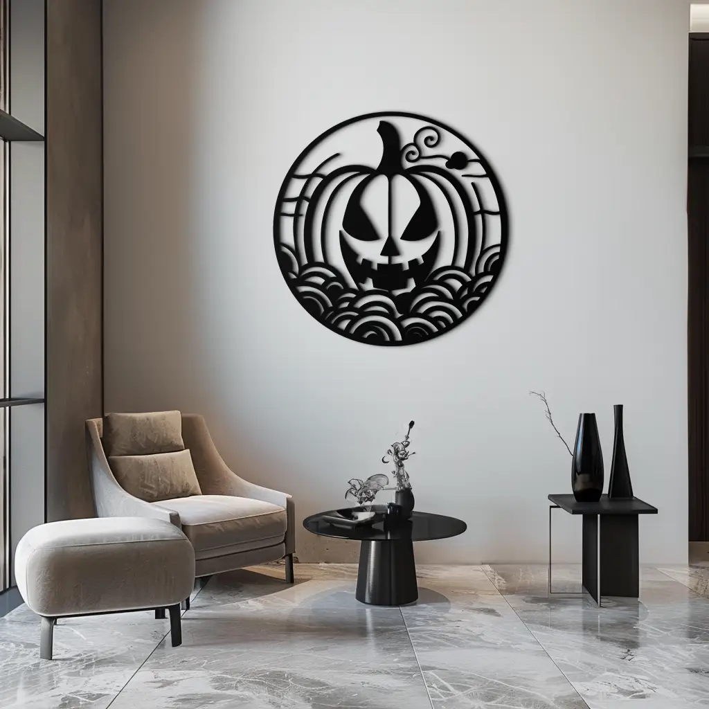 Pumpkin Halloween Silhouette Metal Wall Art – Spooky Round Black Decor- KAF327 by Enova Art
