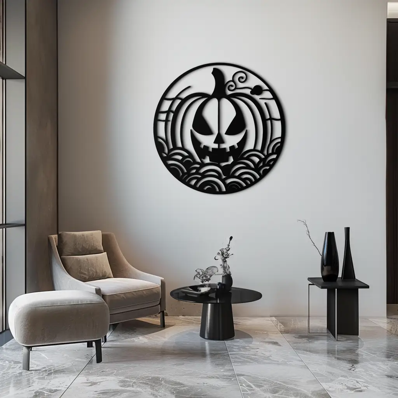 Pumpkin Halloween Silhouette Metal Wall Art – Spooky Round Black Decor- KAF327 by Enova Art
