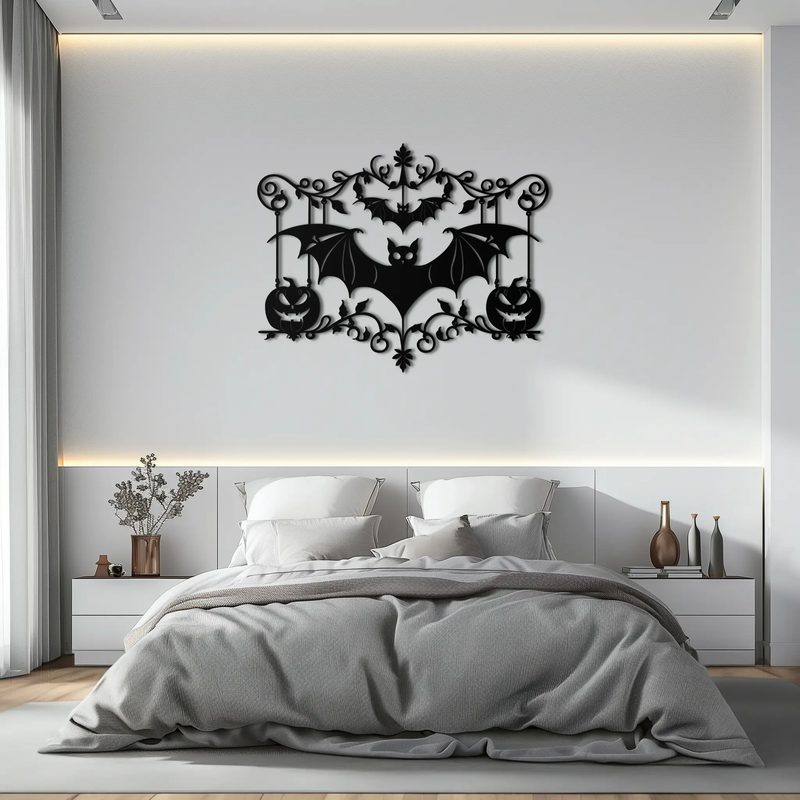 Halloween Bat Pumpkin Metal Wall Art – Spooky Jack-O'-Lantern Steel Decor- KAF328 by Enova Art