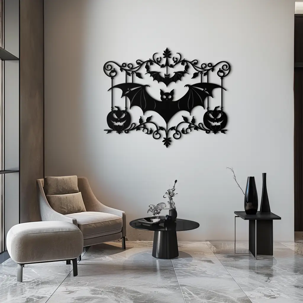 Halloween Bat Pumpkin Metal Wall Art – Spooky Jack-O'-Lantern Steel Decor- KAF328 by Enova Art