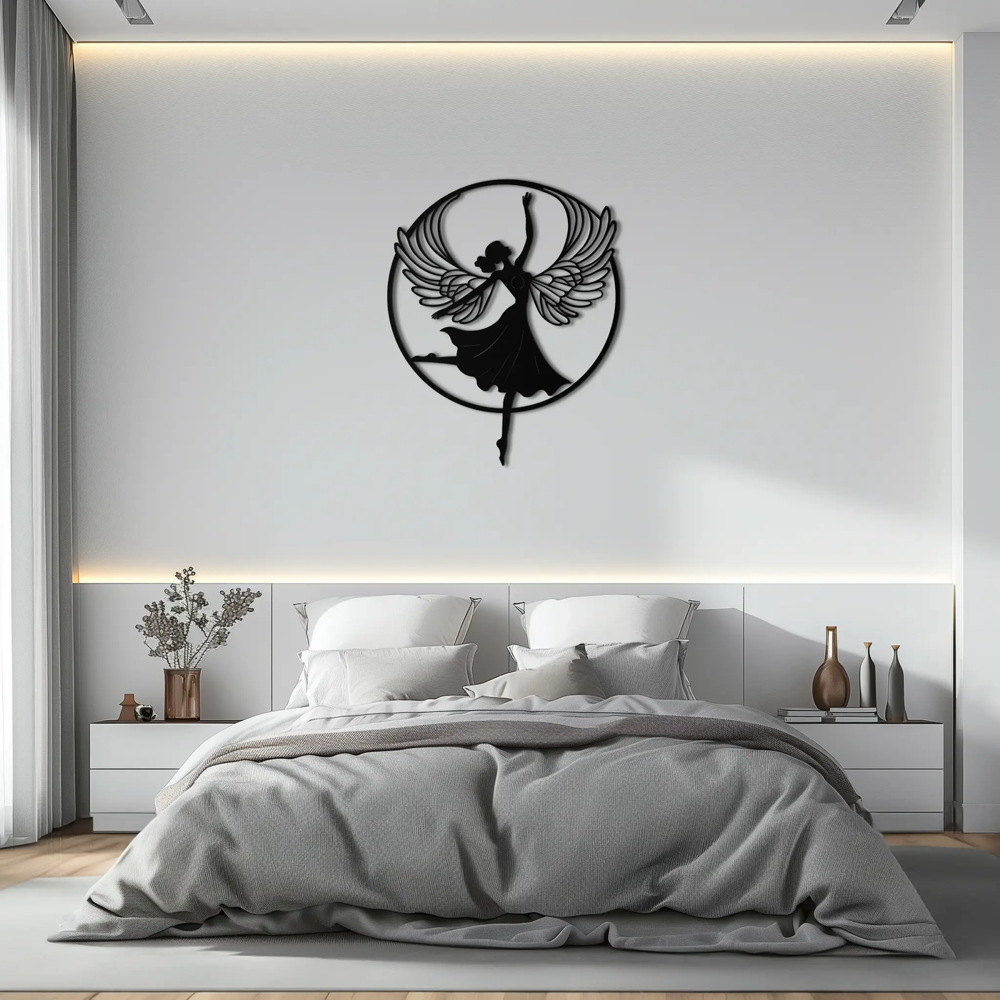 Angel Dancer Metal Wall Art – Winged Woman Silhouette Steel Decor for Elegant and Spiritual Interiors- KAF334 by Enova Art