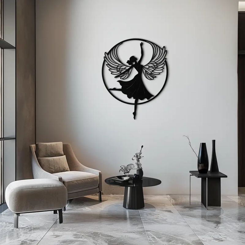 Angel Dancer Metal Wall Art – Winged Woman Silhouette Steel Decor for Elegant and Spiritual Interiors- KAF334 by Enova Art
