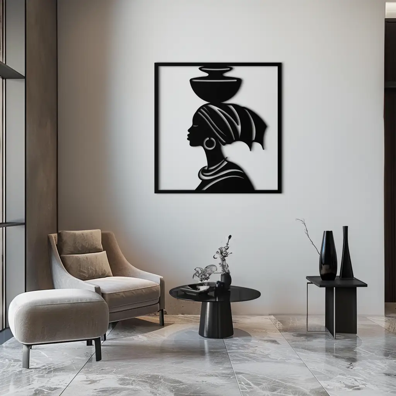 African Woman Metal Wall Art – Elegant Tribal Silhouette Steel Decor for Cultural and Boho Interiors- KAF338 by Enova Art