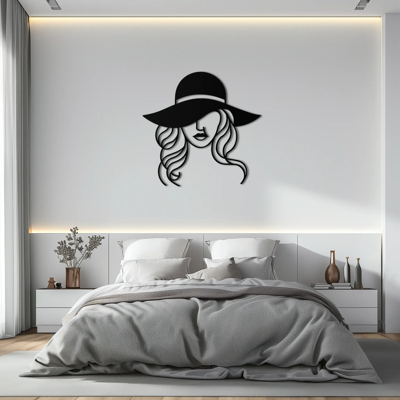 Hat Woman Metal Wall Art – Elegant Female Silhouette Steel Decor with Wide Brim Hat- KAF341 by Enova Art