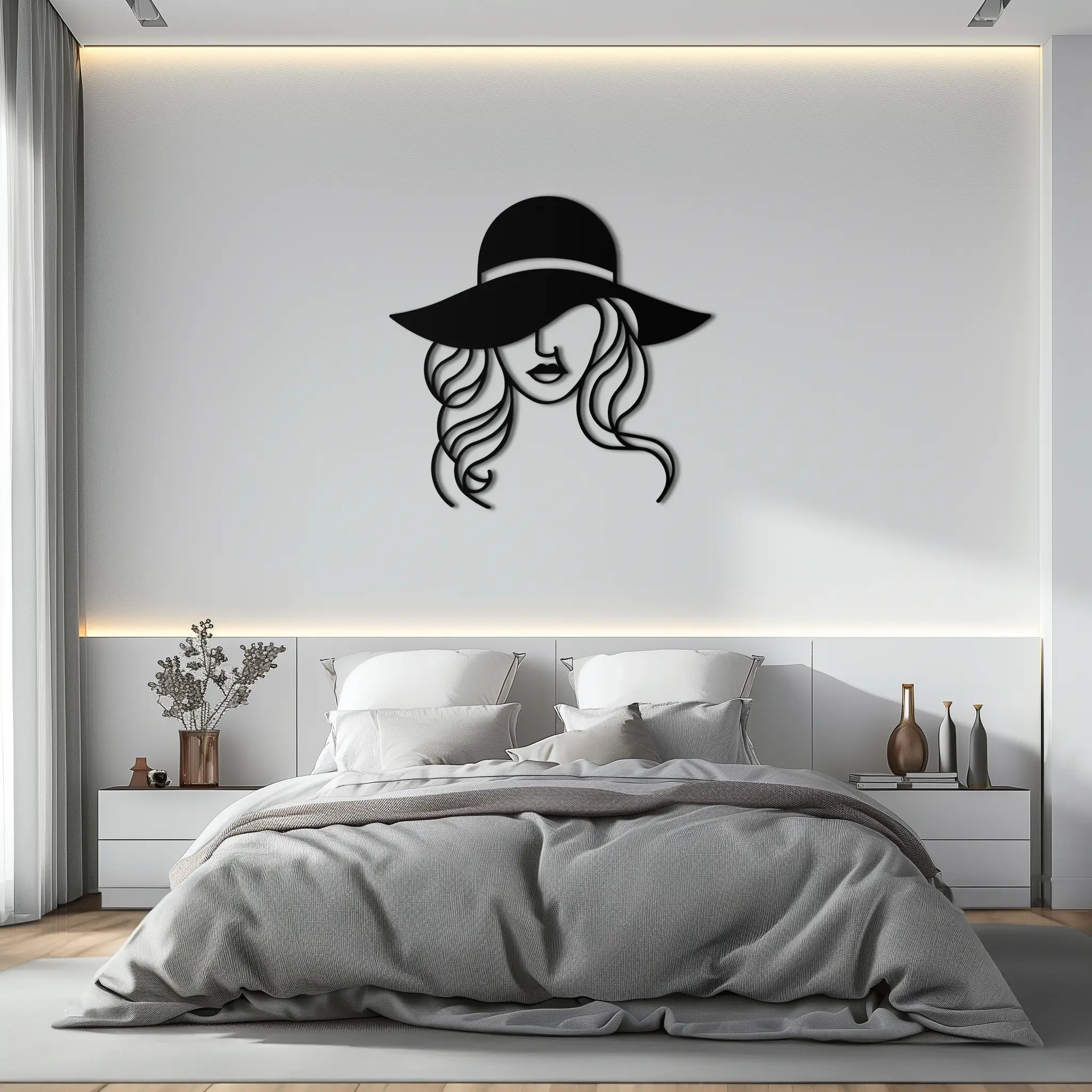 Hat Woman Metal Wall Art – Elegant Female Silhouette Steel Decor with Wide Brim Hat- KAF341 by Enova Art