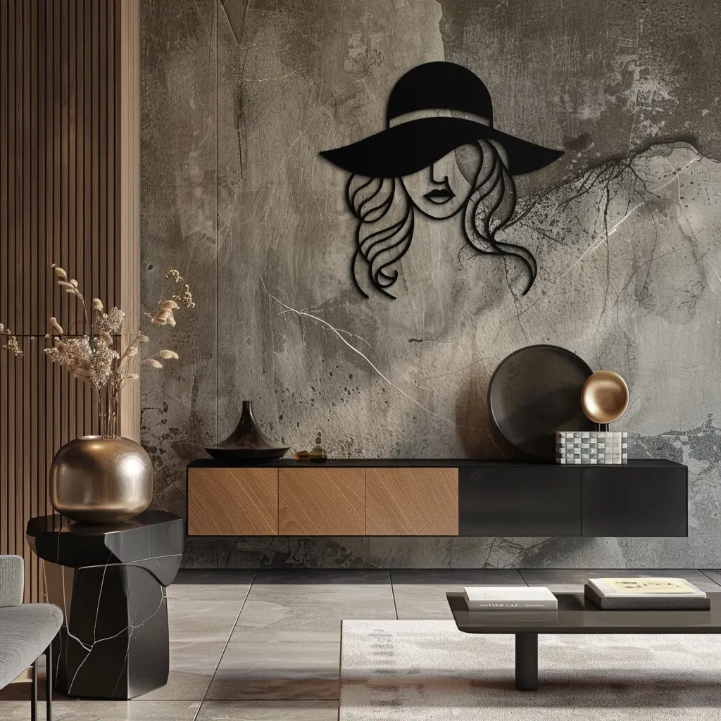 Hat Woman Metal Wall Art – Elegant Female Silhouette Steel Decor with Wide Brim Hat- KAF341 by Enova Art