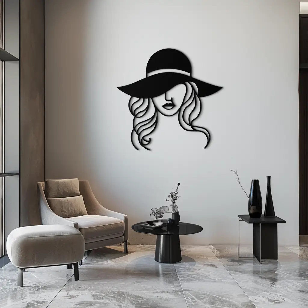 Hat Woman Metal Wall Art – Elegant Female Silhouette Steel Decor with Wide Brim Hat- KAF341 by Enova Art