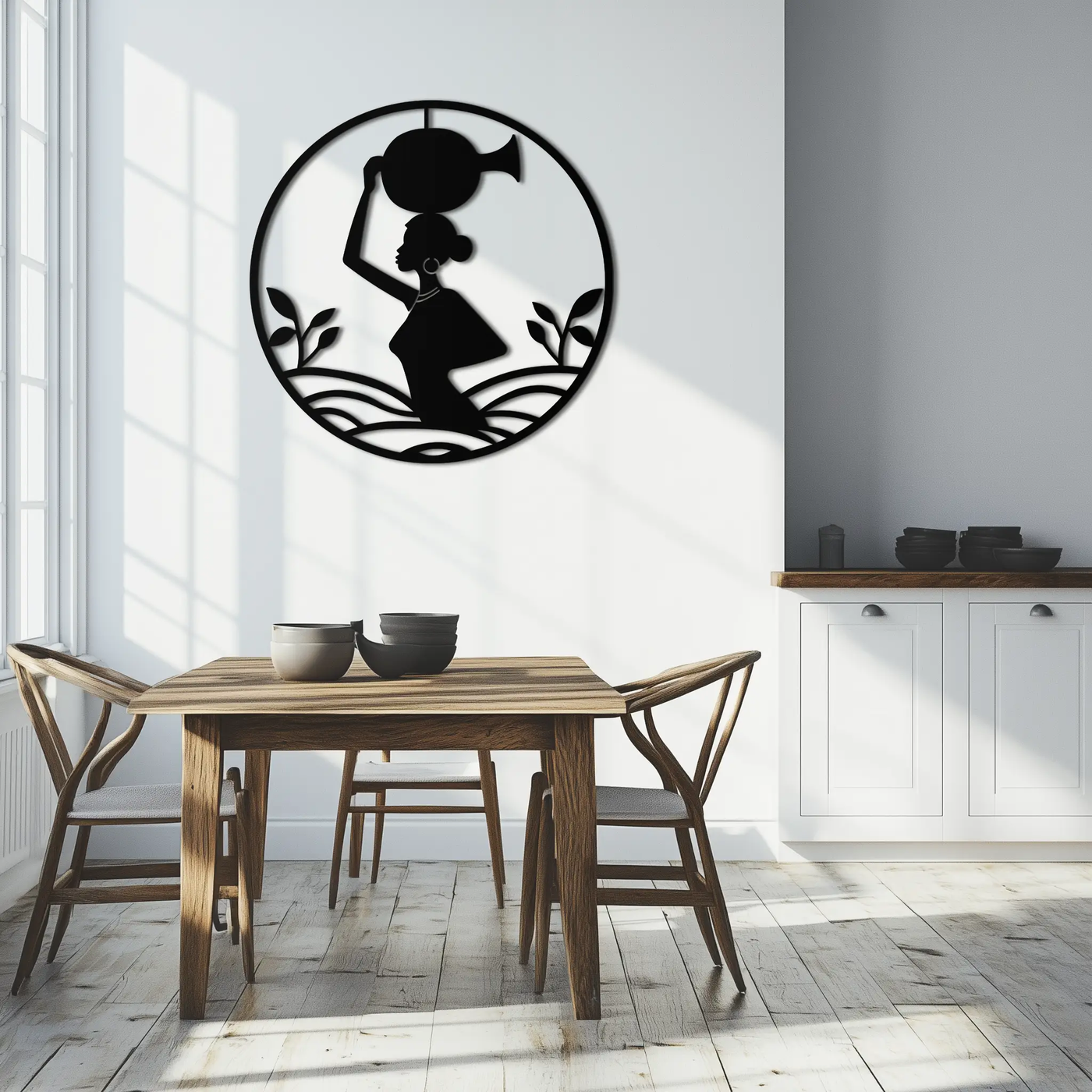 African Woman Carrying Vase Metal Wall Art – Tribal Silhouette Steel Decor for Cultural and Ethnic Interiors- KAF342 by Enova Art