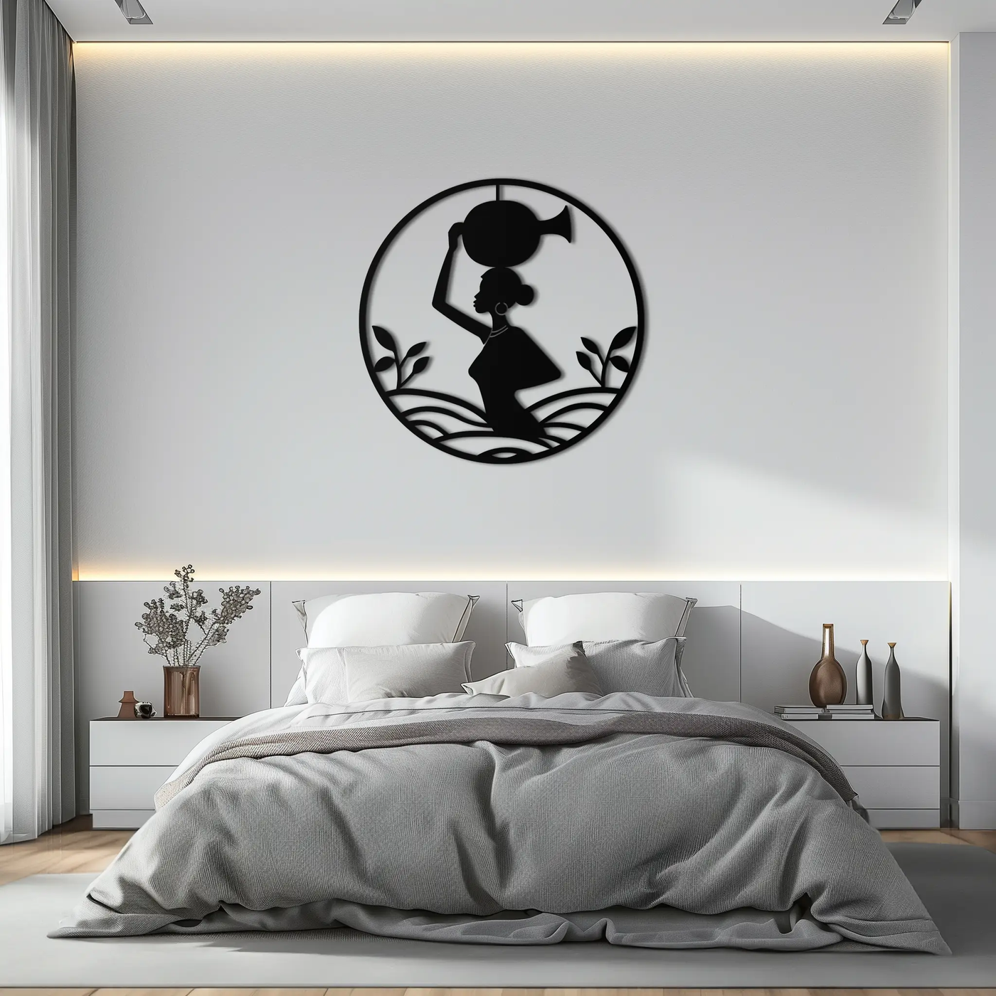 African Woman Carrying Vase Metal Wall Art – Tribal Silhouette Steel Decor for Cultural and Ethnic Interiors- KAF342 by Enova Art