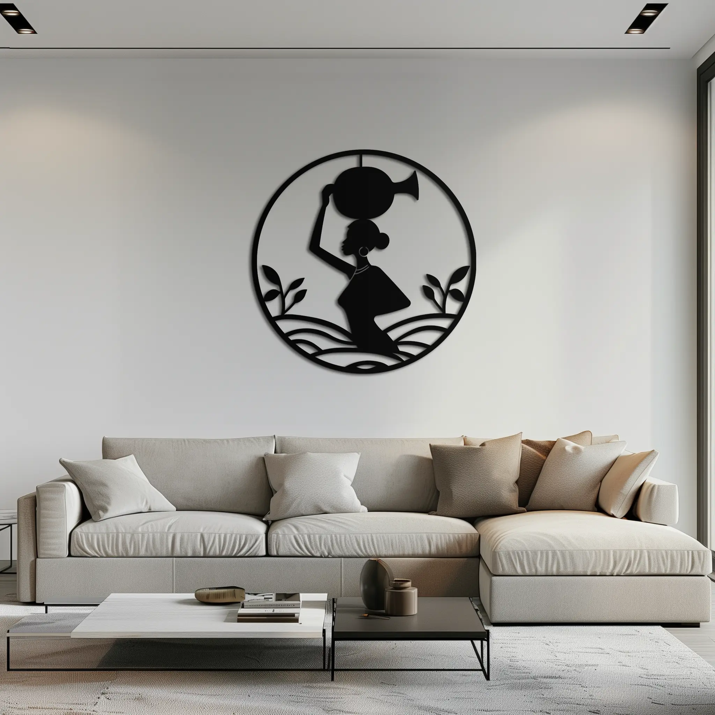African Woman Carrying Vase Metal Wall Art – Tribal Silhouette Steel Decor for Cultural and Ethnic Interiors- KAF342 by Enova Art