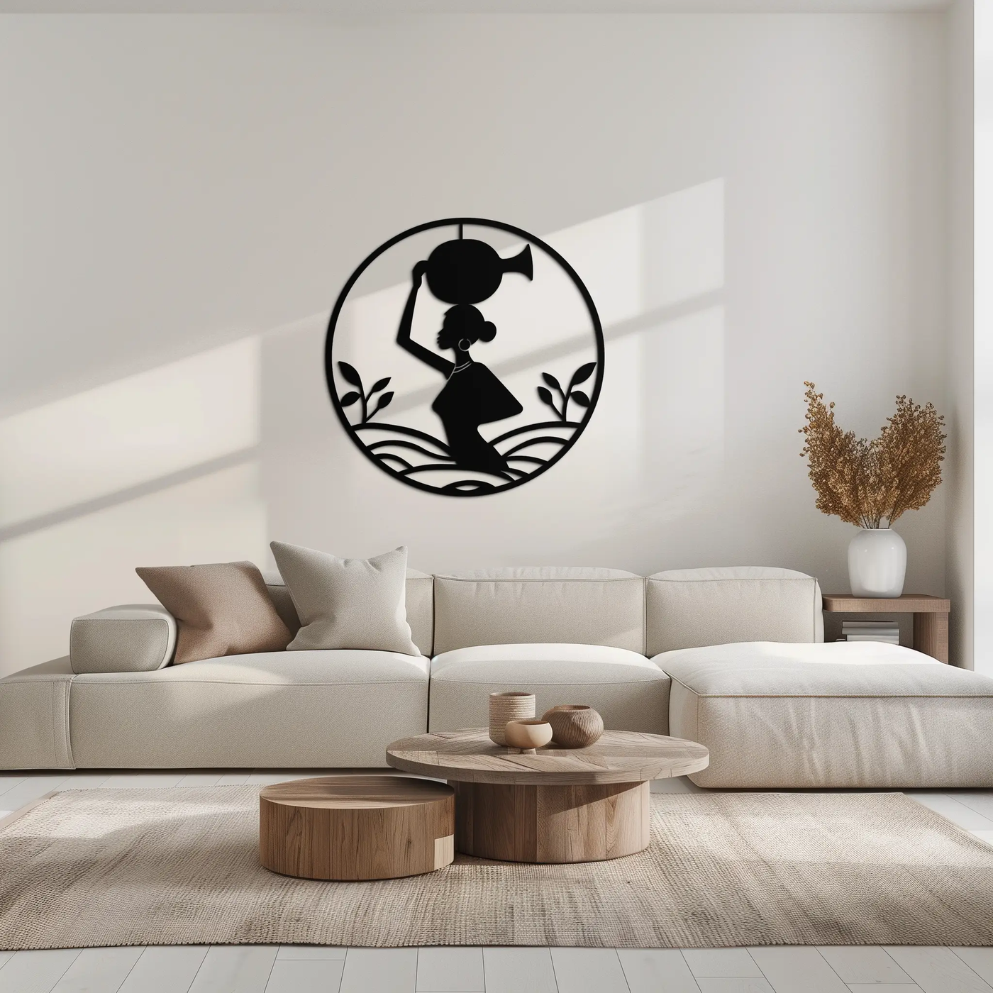 African Woman Carrying Vase Metal Wall Art – Tribal Silhouette Steel Decor for Cultural and Ethnic Interiors- KAF342 by Enova Art