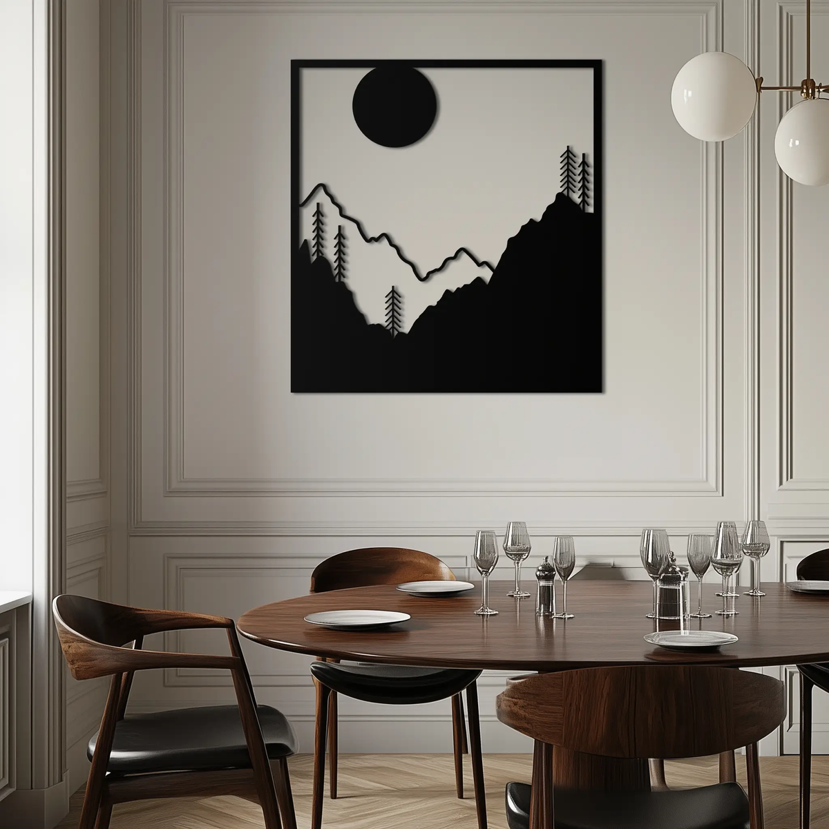 Moonlit Mountain Landscape Metal Wall Art – Modern Square Forest Scene Silhouette for Rustic Nature Decor- KAF346 by Enova Art