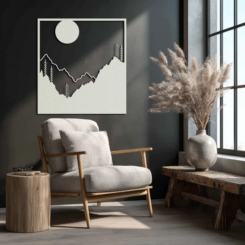 Moonlit Mountain Landscape Metal Wall Art – Modern Square Forest Scene Silhouette for Rustic Nature Decor- KAF346 by Enova Art