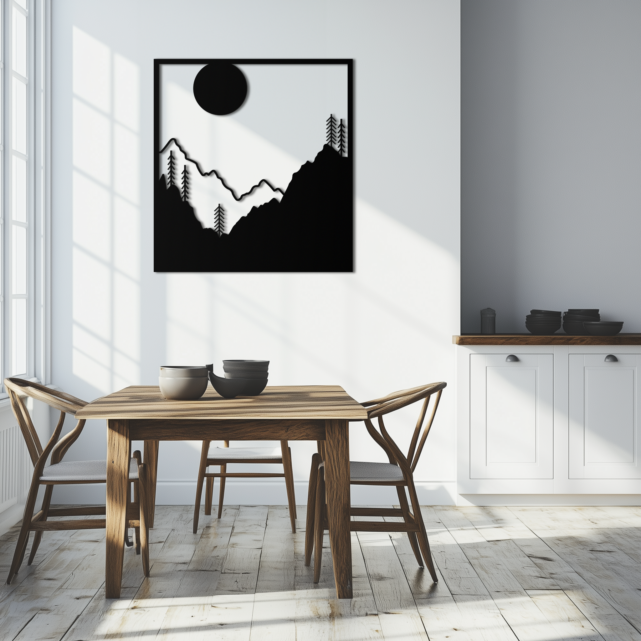 Moonlit Mountain Landscape Metal Wall Art – Modern Square Forest Scene Silhouette for Rustic Nature Decor- KAF346 by Enova Art
