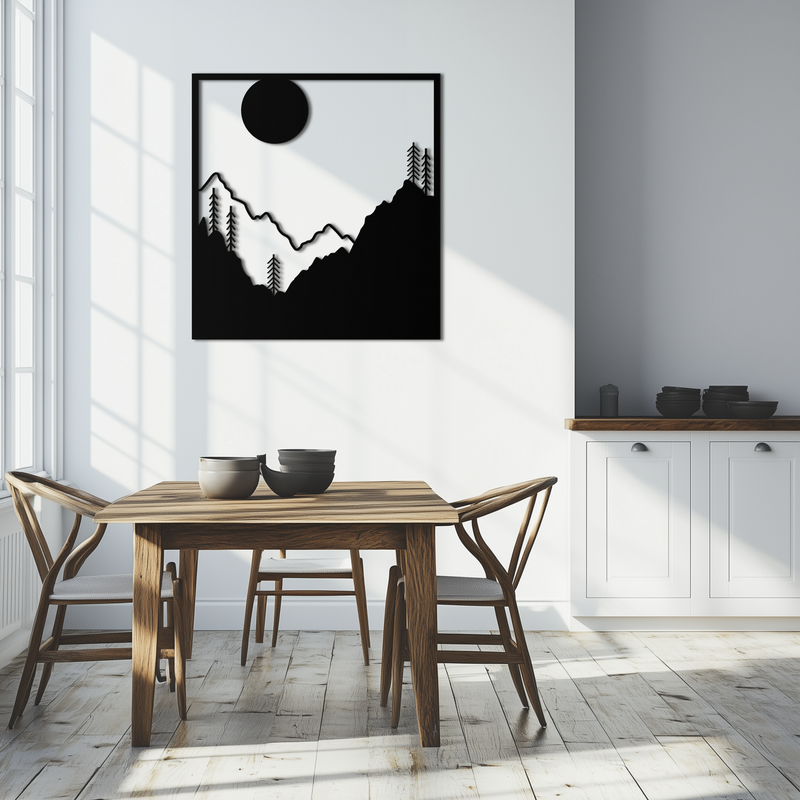 Moonlit Mountain Landscape Metal Wall Art – Modern Square Forest Scene Silhouette for Rustic Nature Decor- KAF346 by Enova Art