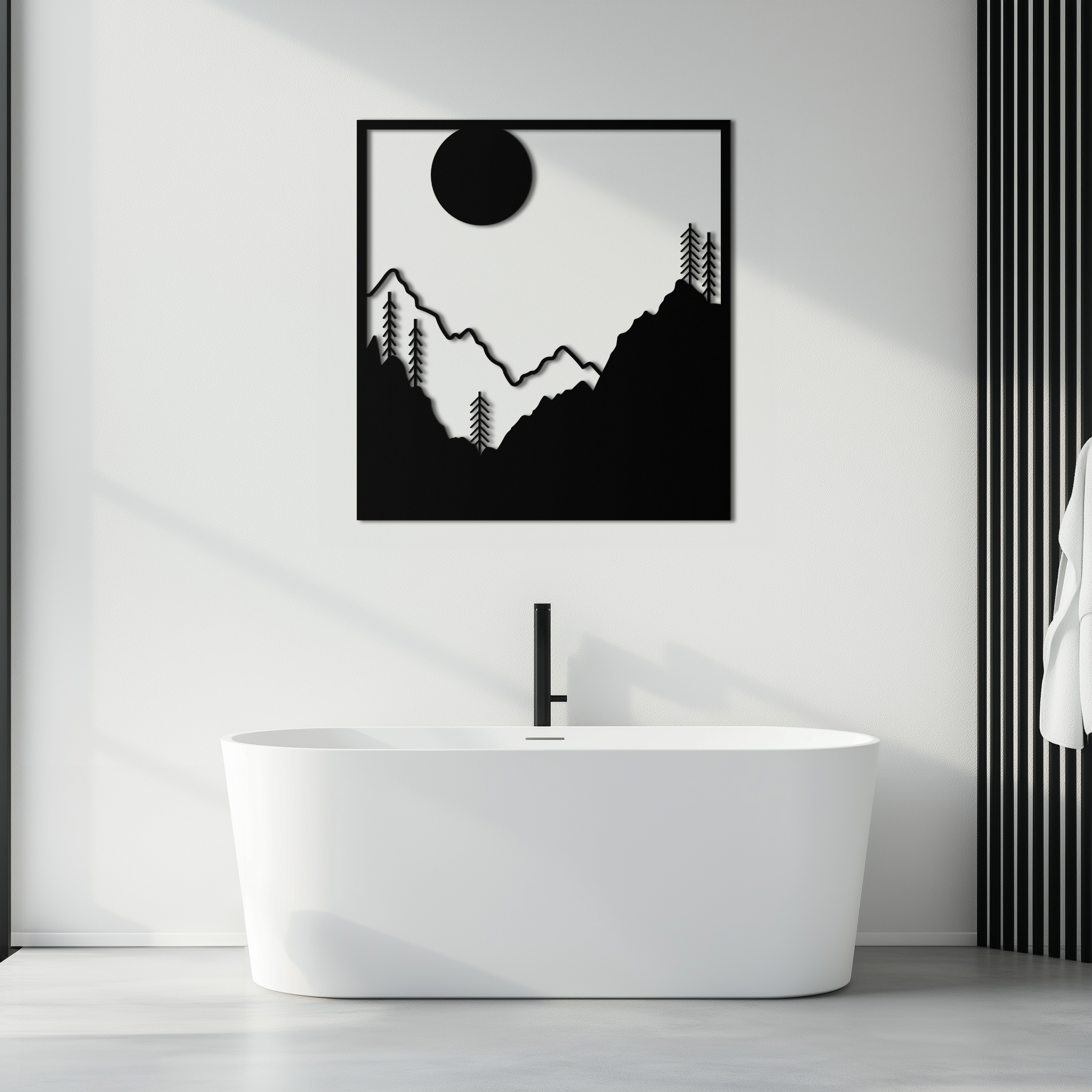 Moonlit Mountain Landscape Metal Wall Art – Modern Square Forest Scene Silhouette for Rustic Nature Decor- KAF346 by Enova Art