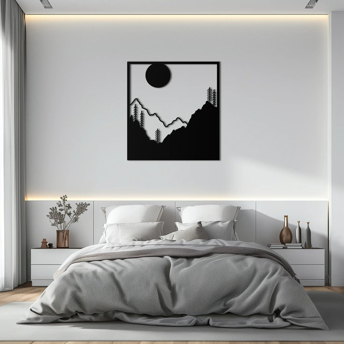 Moonlit Mountain Landscape Metal Wall Art – Modern Square Forest Scene Silhouette for Rustic Nature Decor- KAF346 by Enova Art