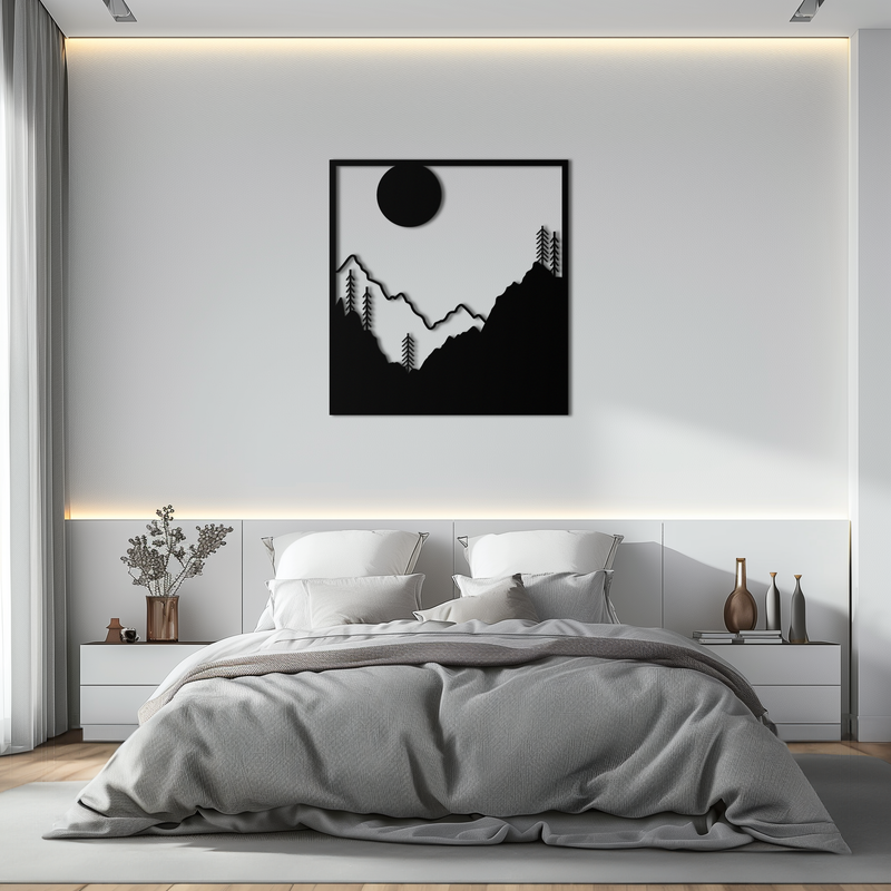 Moonlit Mountain Landscape Metal Wall Art – Modern Square Forest Scene Silhouette for Rustic Nature Decor- KAF346 by Enova Art