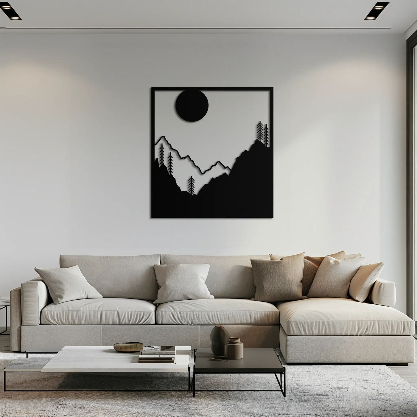 Moonlit Mountain Landscape Metal Wall Art – Modern Square Forest Scene Silhouette for Rustic Nature Decor- KAF346 by Enova Art
