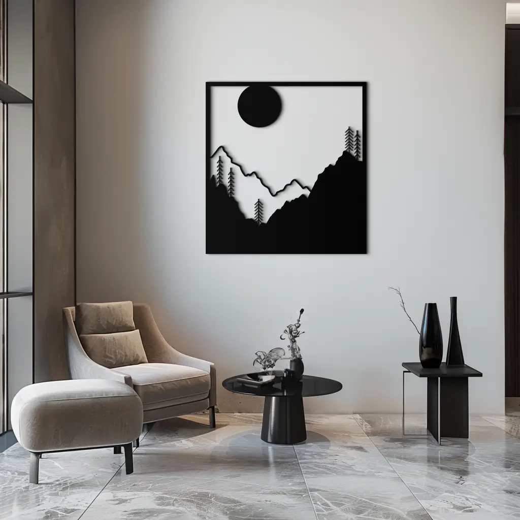 Moonlit Mountain Landscape Metal Wall Art – Modern Square Forest Scene Silhouette for Rustic Nature Decor- KAF346 by Enova Art