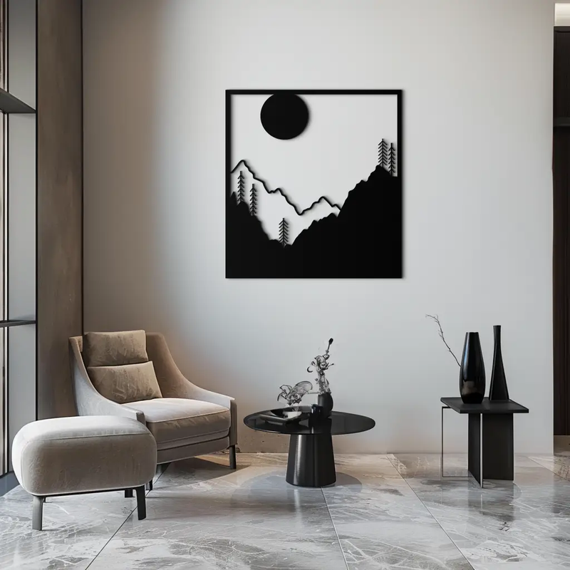 Moonlit Mountain Landscape Metal Wall Art – Modern Square Forest Scene Silhouette for Rustic Nature Decor- KAF346 by Enova Art