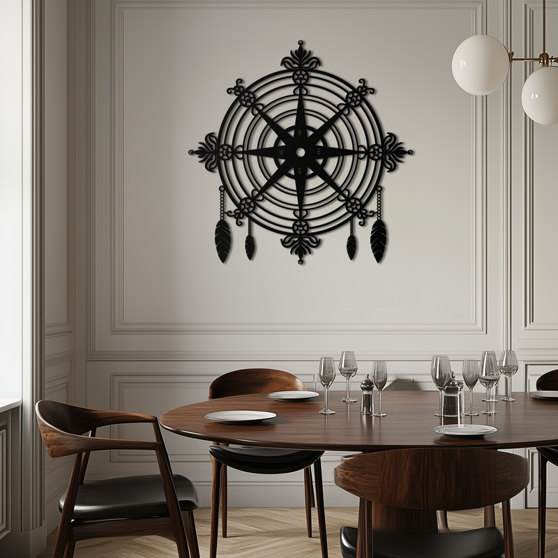 Ornate Compass Rose Metal Wall Art – Decorative Matte Black Steel with Feathers for Nautical and Boho Decor- KAF347 by Enova Art