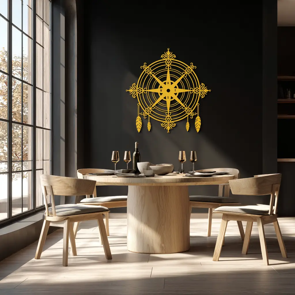Ornate Compass Rose Metal Wall Art – Decorative Matte Black Steel with Feathers for Nautical and Boho Decor- KAF347 by Enova Art