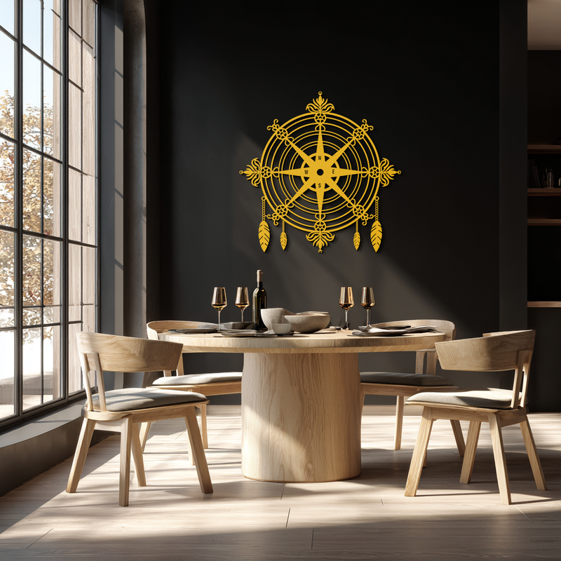 Ornate Compass Rose Metal Wall Art – Decorative Matte Black Steel with Feathers for Nautical and Boho Decor- KAF347 by Enova Art