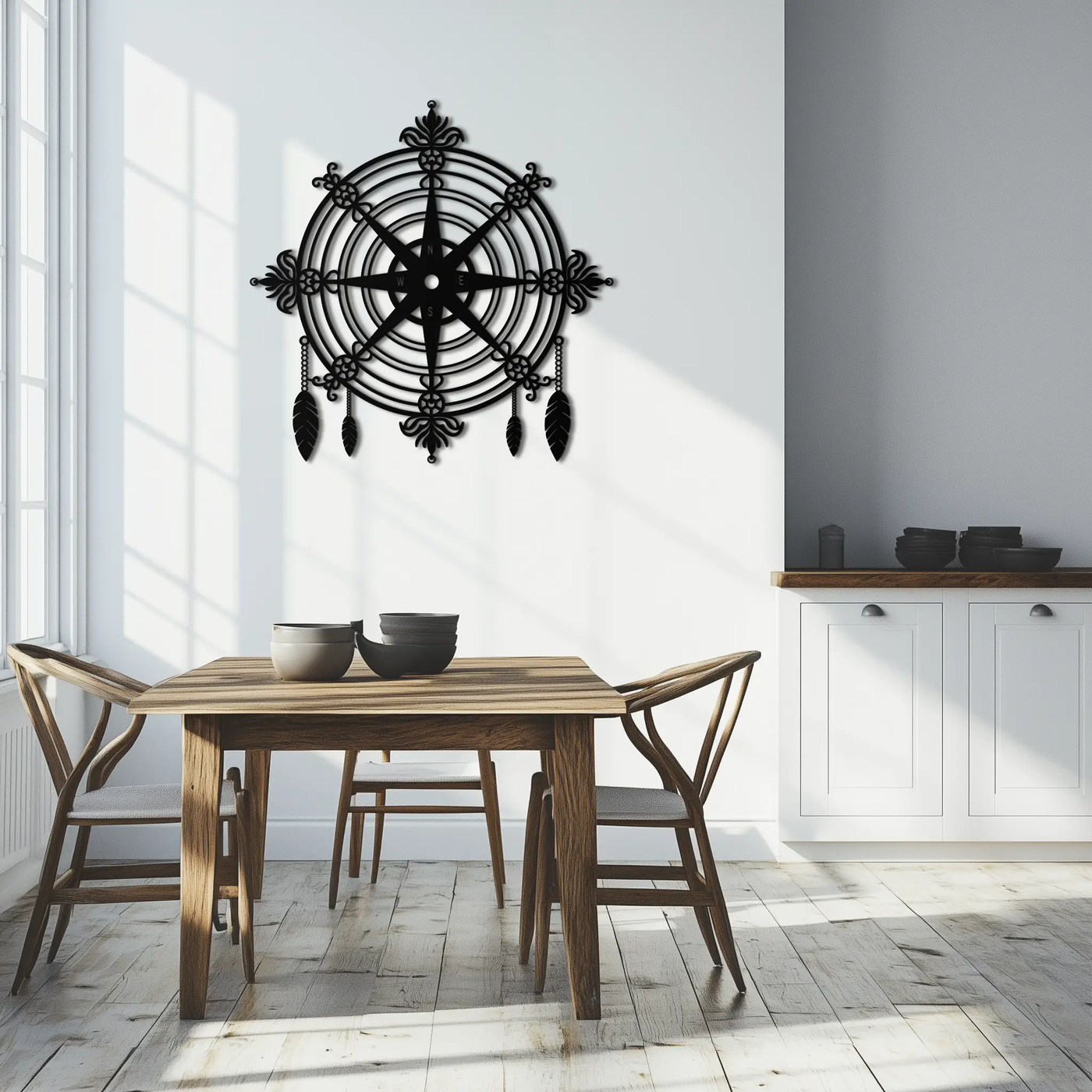 Ornate Compass Rose Metal Wall Art – Decorative Matte Black Steel with Feathers for Nautical and Boho Decor- KAF347 by Enova Art