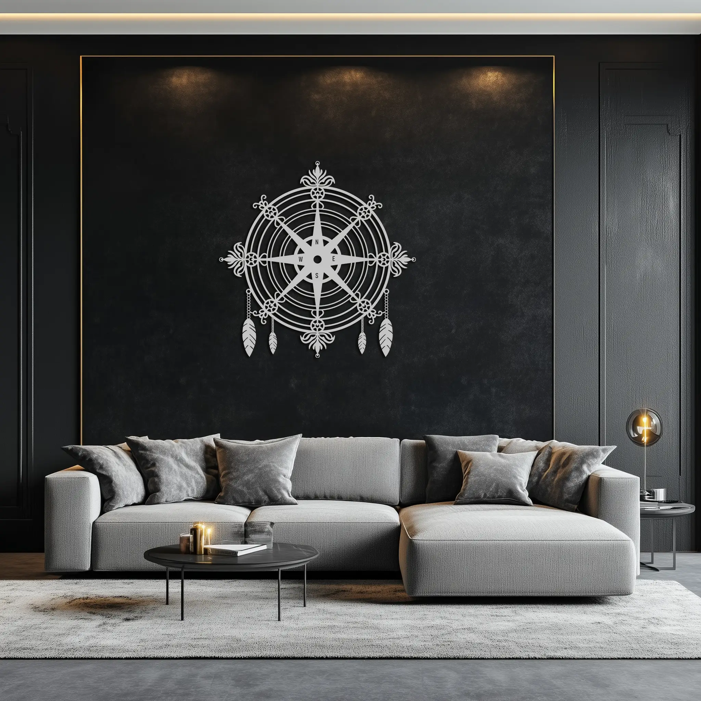 Ornate Compass Rose Metal Wall Art – Decorative Matte Black Steel with Feathers for Nautical and Boho Decor- KAF347 by Enova Art