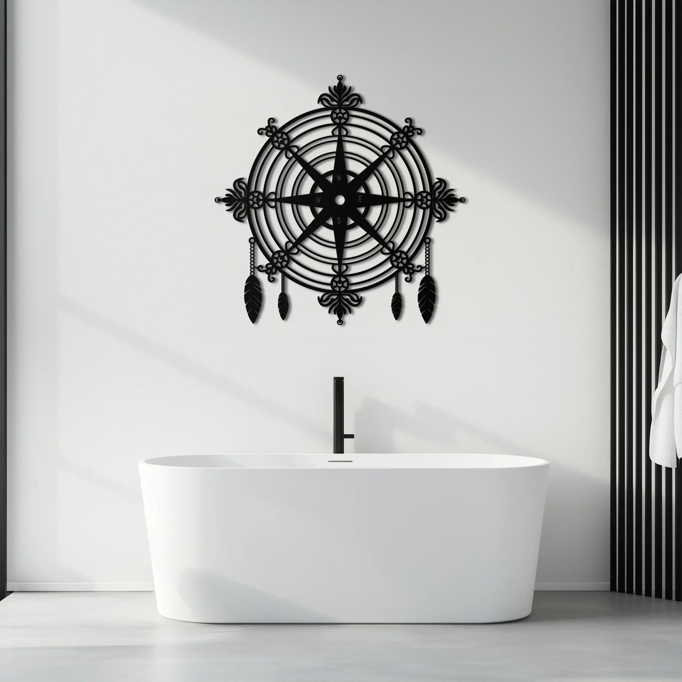 Ornate Compass Rose Metal Wall Art – Decorative Matte Black Steel with Feathers for Nautical and Boho Decor- KAF347 by Enova Art