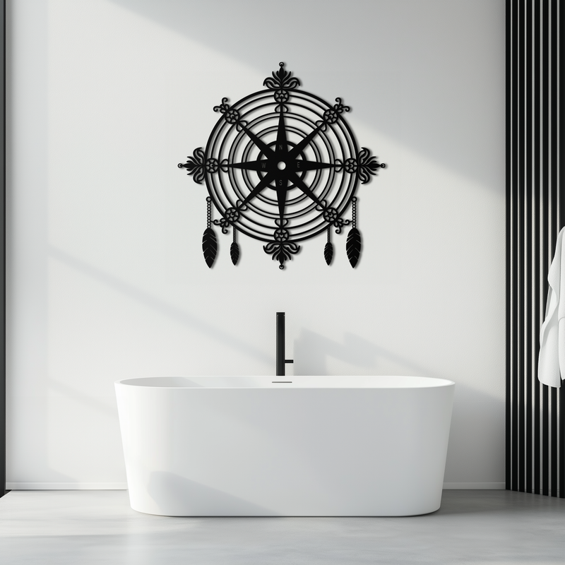 Ornate Compass Rose Metal Wall Art – Decorative Matte Black Steel with Feathers for Nautical and Boho Decor- KAF347 by Enova Art