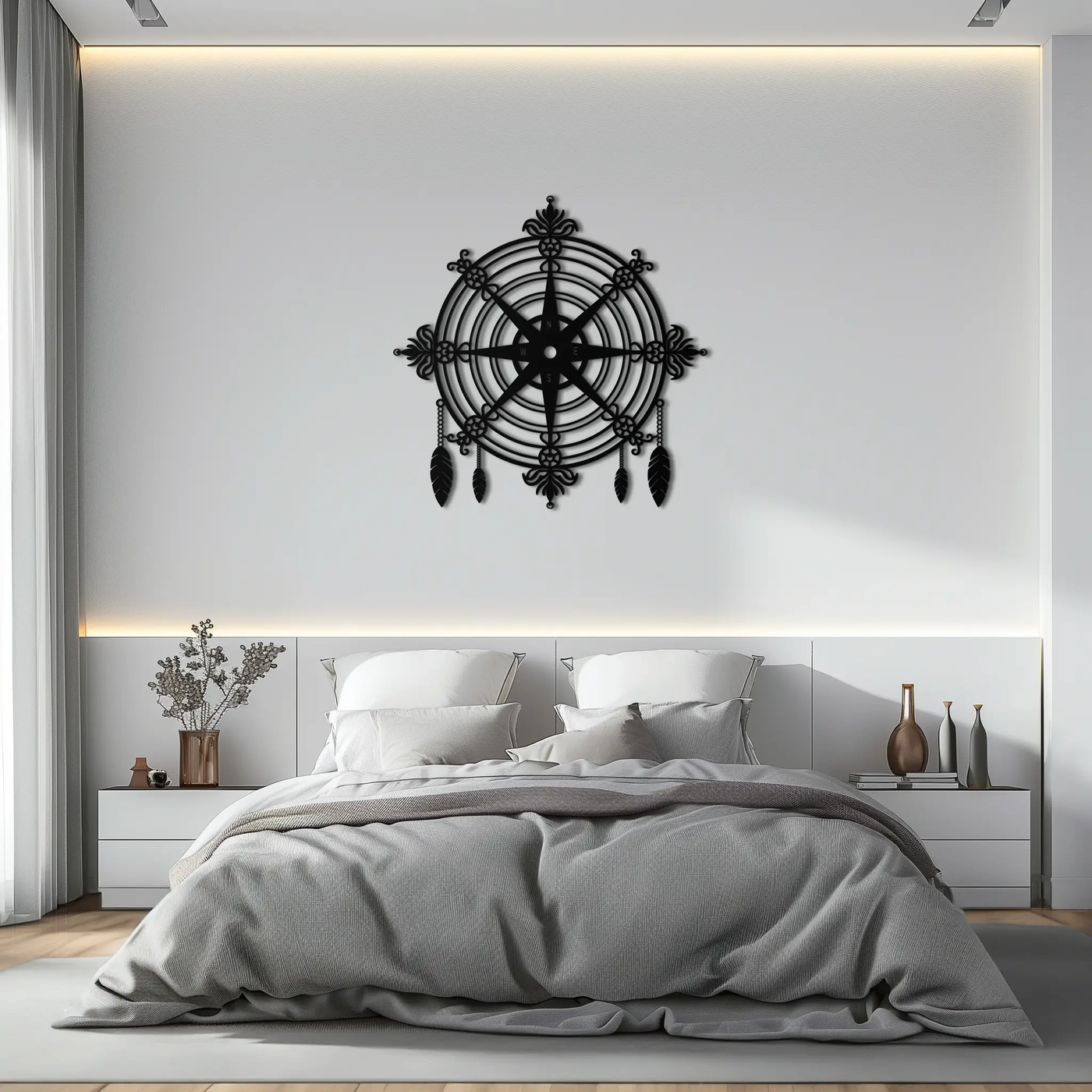 Ornate Compass Rose Metal Wall Art – Decorative Matte Black Steel with Feathers for Nautical and Boho Decor- KAF347 by Enova Art