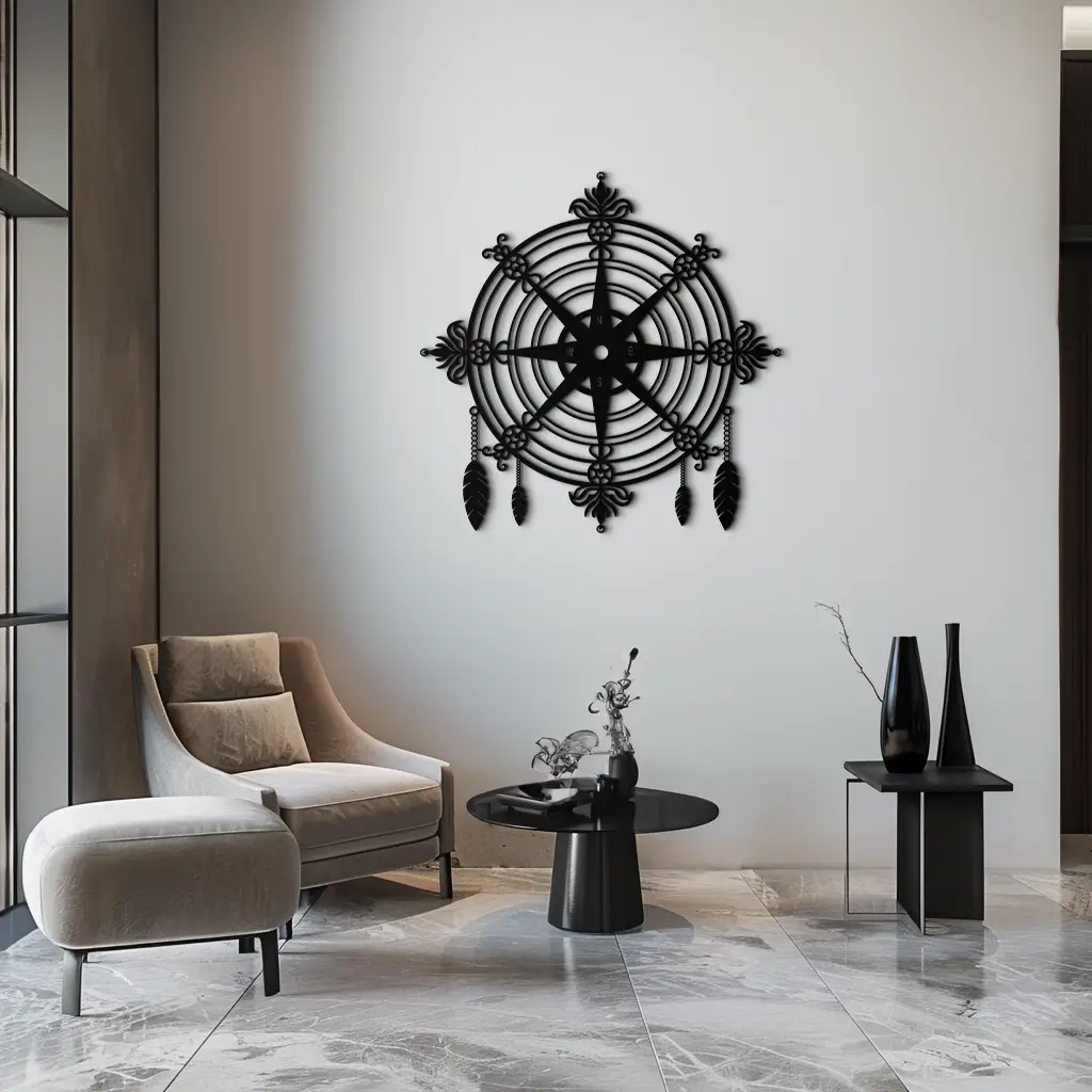 Ornate Compass Rose Metal Wall Art – Decorative Matte Black Steel with Feathers for Nautical and Boho Decor- KAF347 by Enova Art