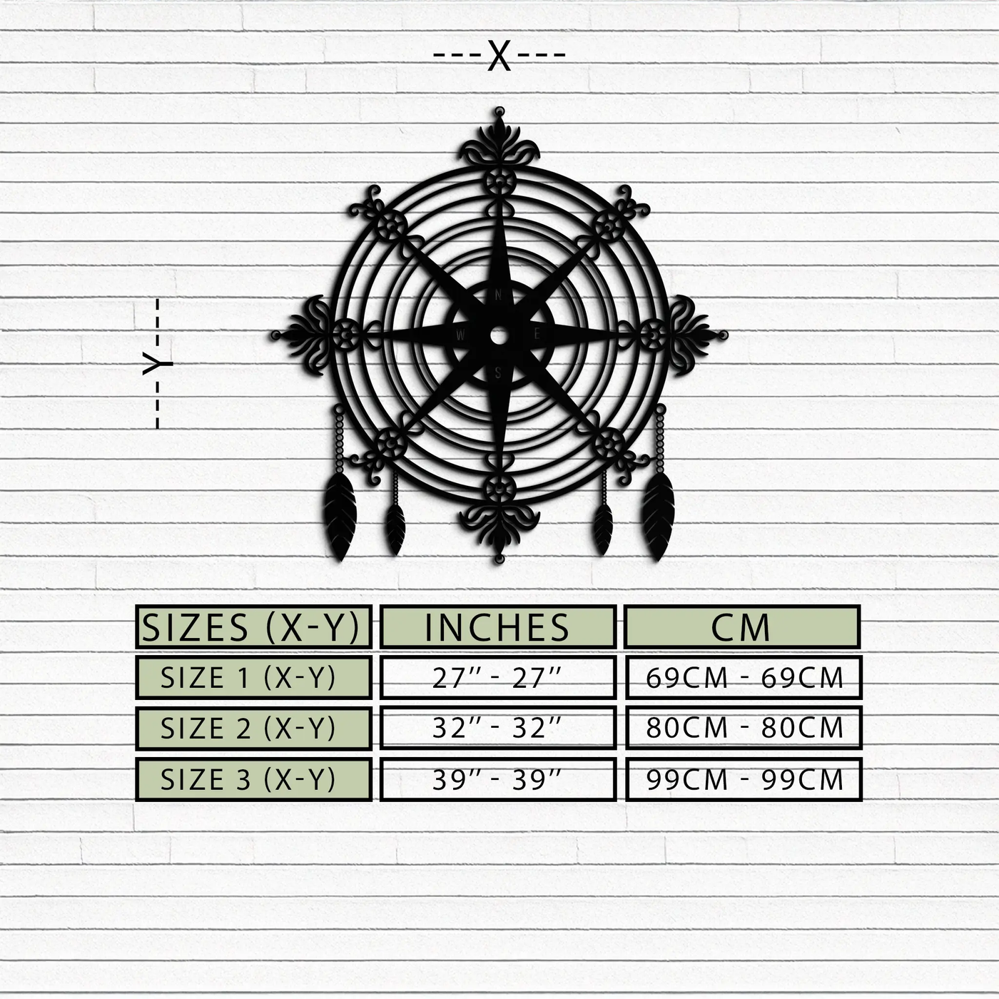 Ornate Compass Rose Metal Wall Art – Decorative Matte Black Steel with Feathers for Nautical and Boho Decor- KAF347 by Enova Art
