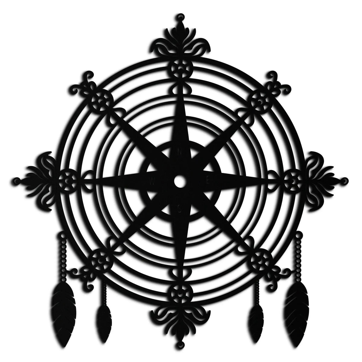 Ornate Compass Rose Metal Wall Art – Decorative Matte Black Steel with Feathers for Nautical and Boho Decor- KAF347 by Enova Art