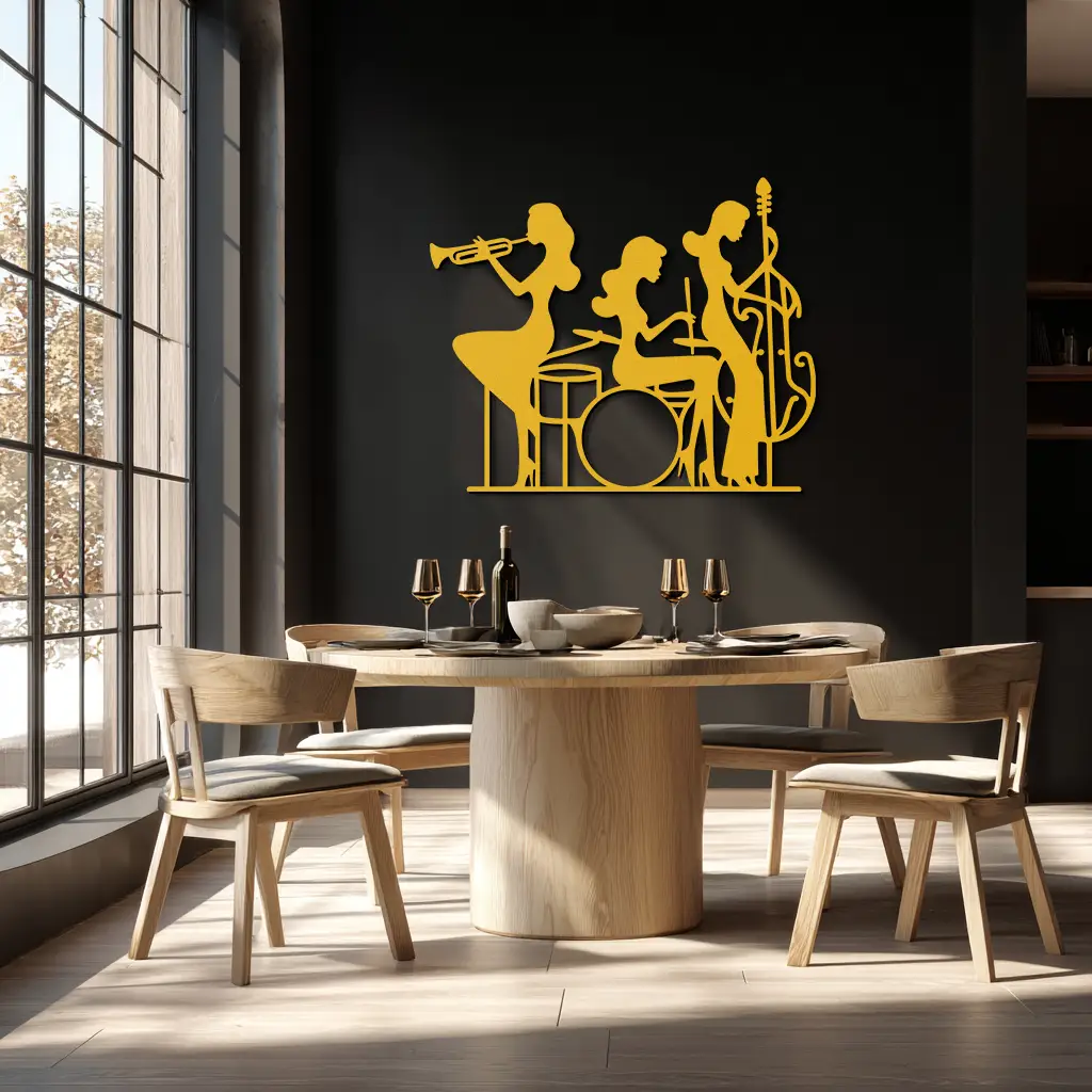 Jazz Trio Women Metal Wall Art – Musical Female Silhouette Band Playing Instruments in Black Steel- KAF349 by Enova Art