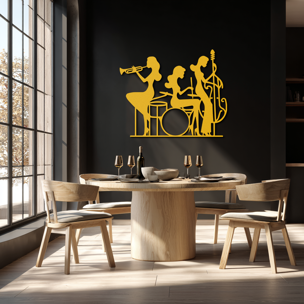 Jazz Trio Women Metal Wall Art – Musical Female Silhouette Band Playing Instruments in Black Steel- KAF349 by Enova Art