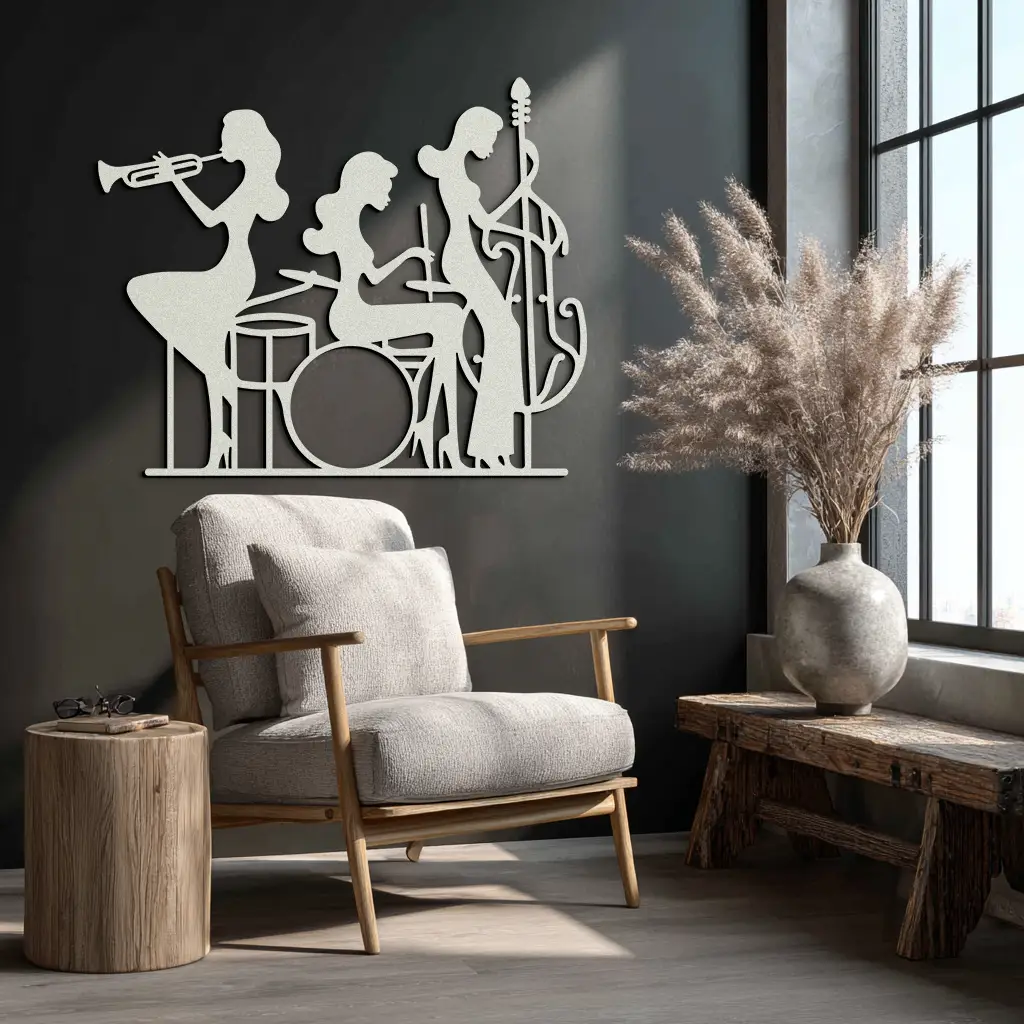 Jazz Trio Women Metal Wall Art – Musical Female Silhouette Band Playing Instruments in Black Steel- KAF349 by Enova Art